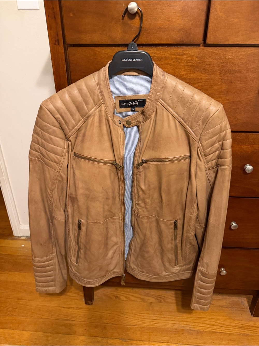 Black Rivet Tan Quilted-Shoulder Leather Bomber Jacket